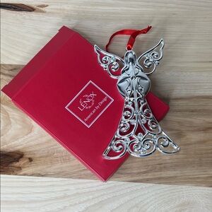 Lenox Silver Angel Ornament with Red Ribbon